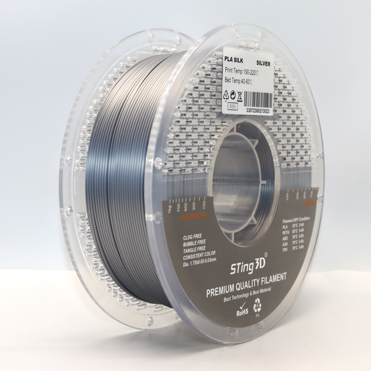 Sting3D PLA Silk - Silver - 3D Filament 1.75mm, 1kg