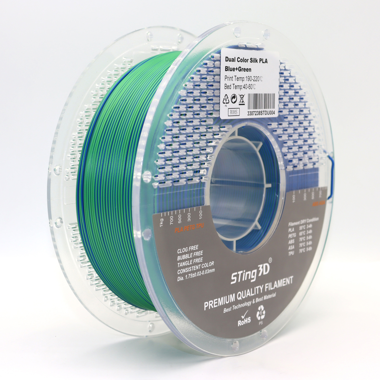 Sting3D PLA Silk Dual Color - Blue+Green - 3D Filament 1.75mm, 1kg