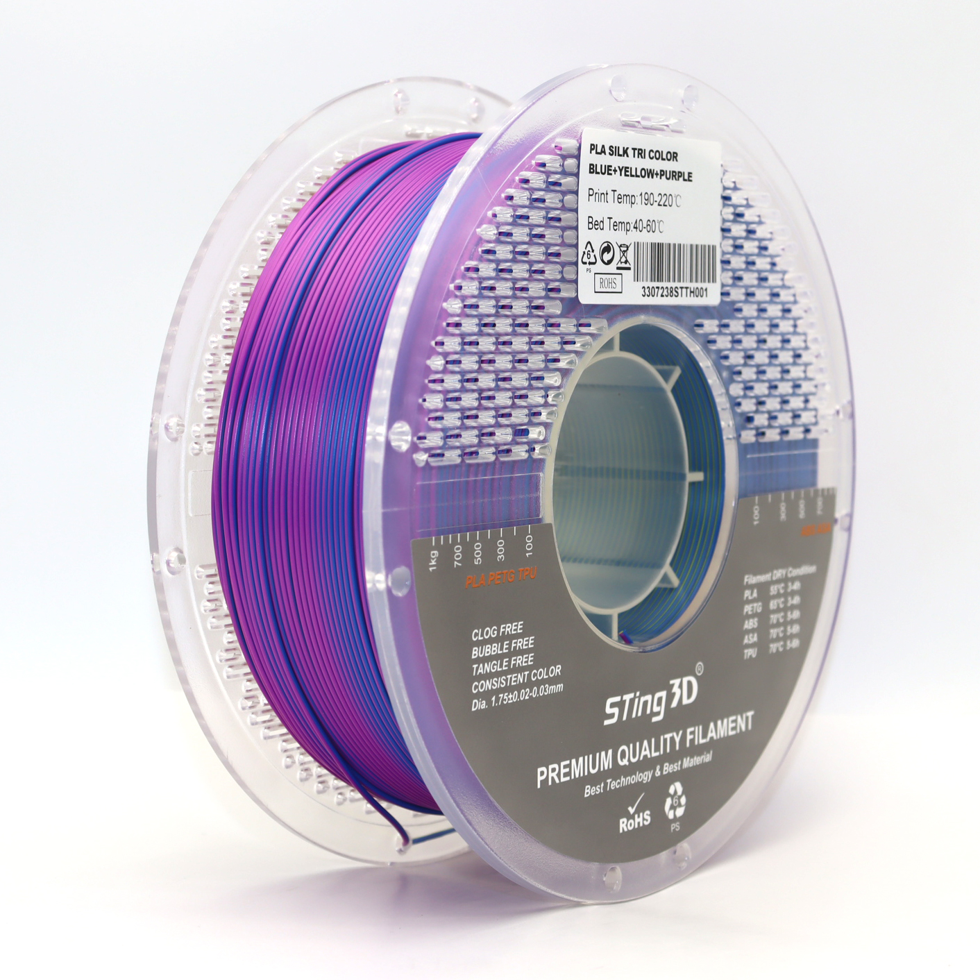 Sting3D PLA Silk Tri Color - Blue+Yellow+Purple - 3D Filament 1.75mm, 1kg