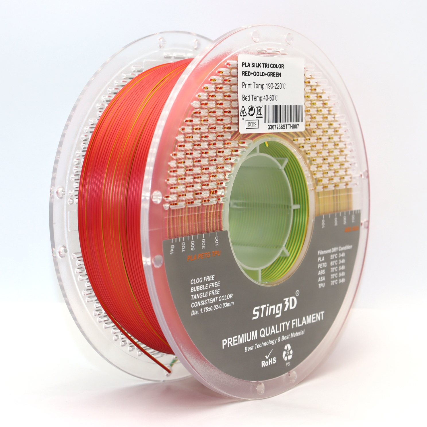 Sting3D PLA Silk Tri Color - Red+Gold+Green - 3D Filament 1.75mm, 1kg