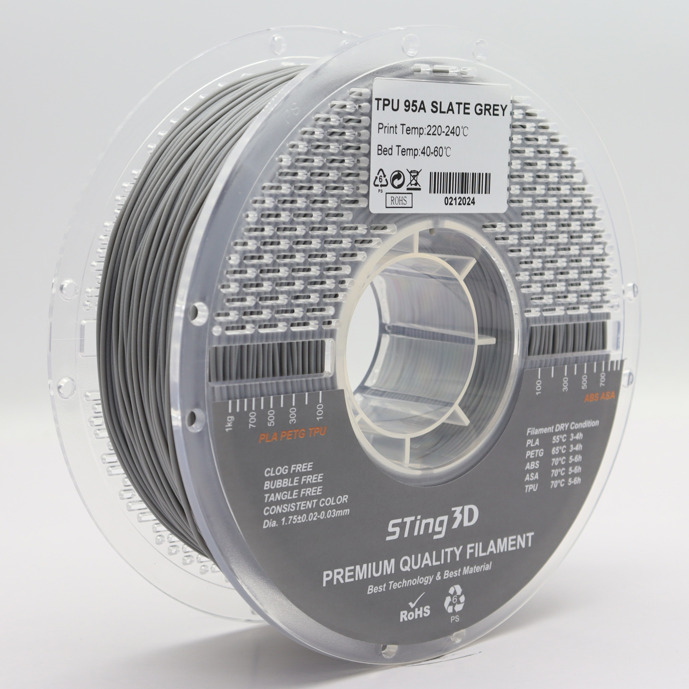 Sting3D TPU 95A - Slate Grey - 3D Filament 1.75mm, 1kg