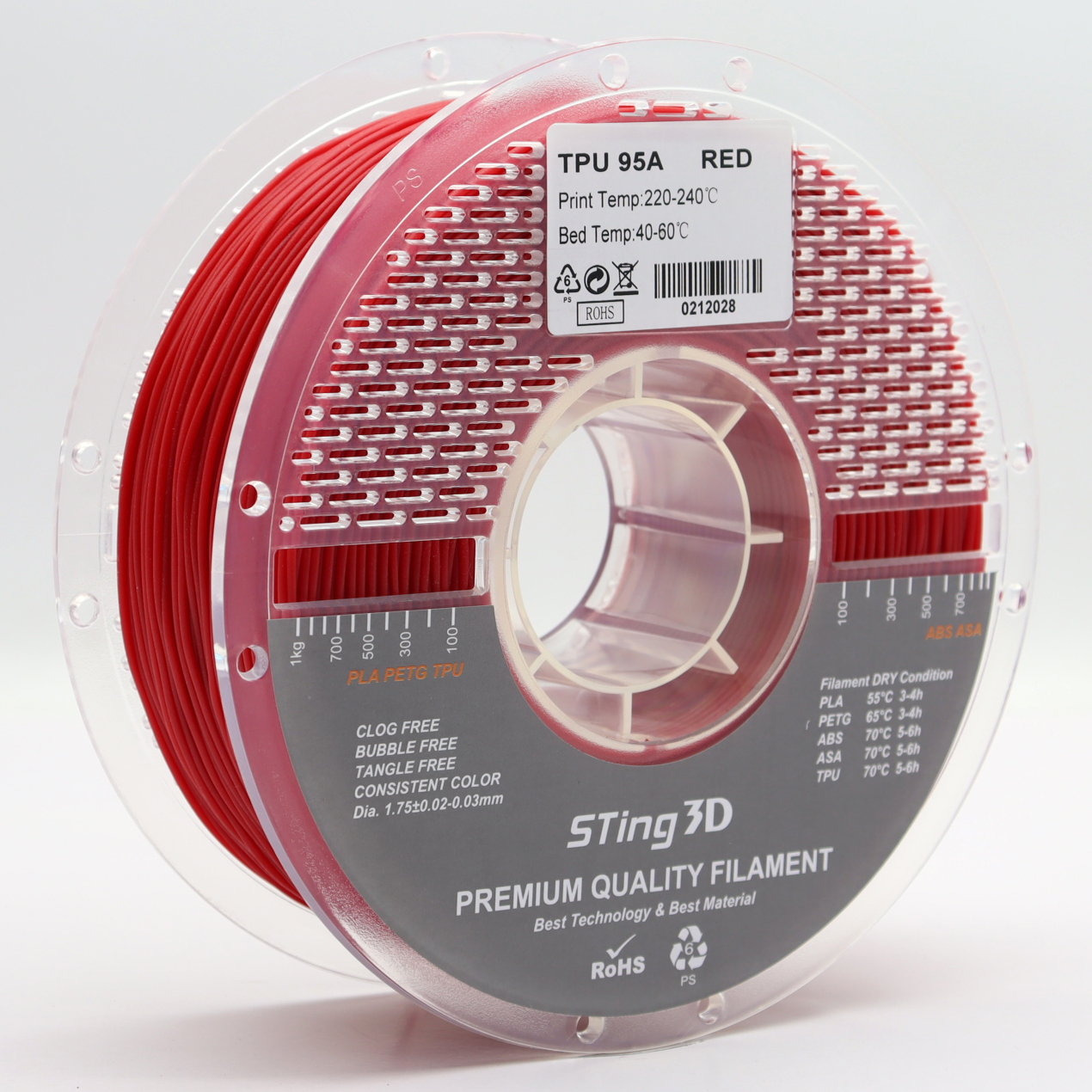 Sting3D TPU 95A - Red - 3D Filament 1.75mm, 1kg
