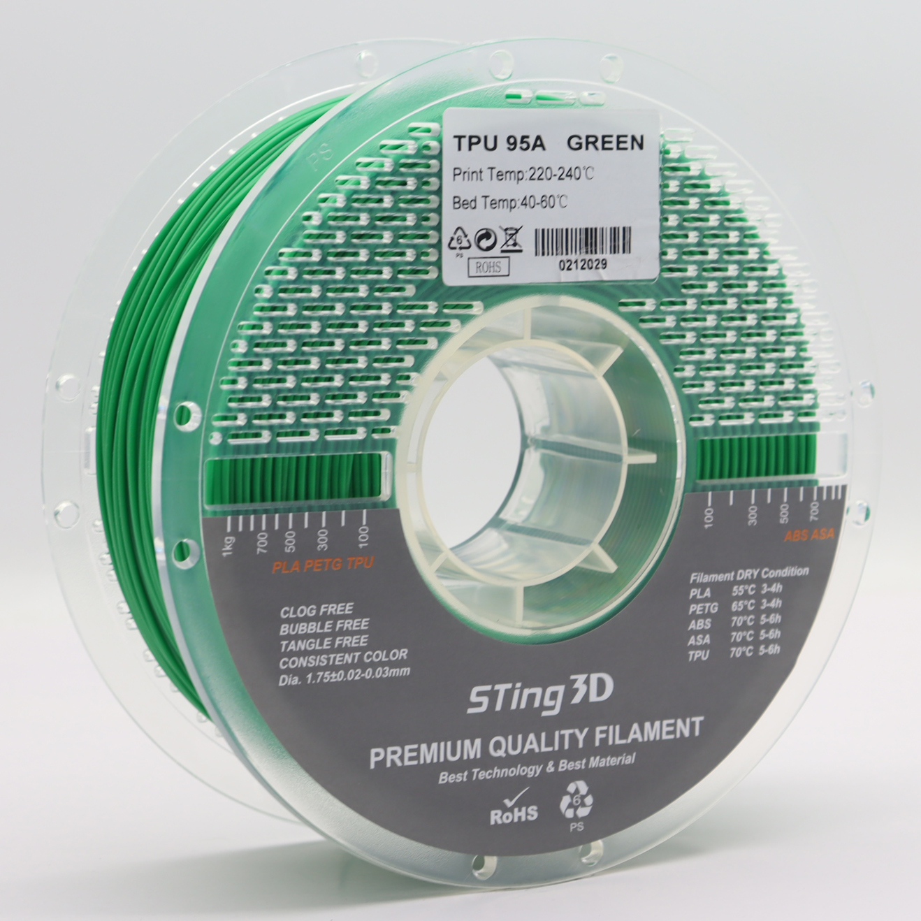 Sting3D TPU 95A - Green - 3D Filament 1.75mm, 1kg